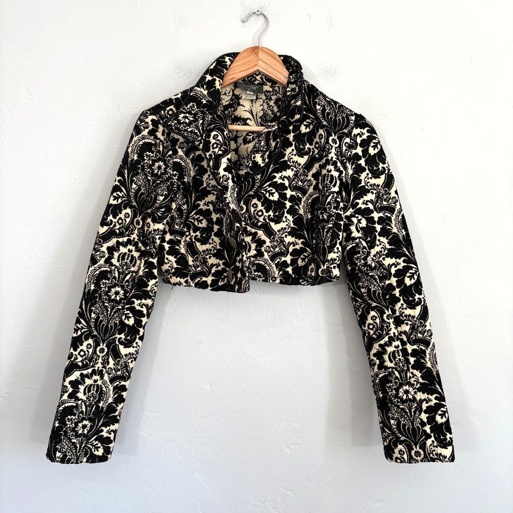 Shrine Hollywood Crop Jacket Women Size Large Black Ivory Floral Brocade Gothic